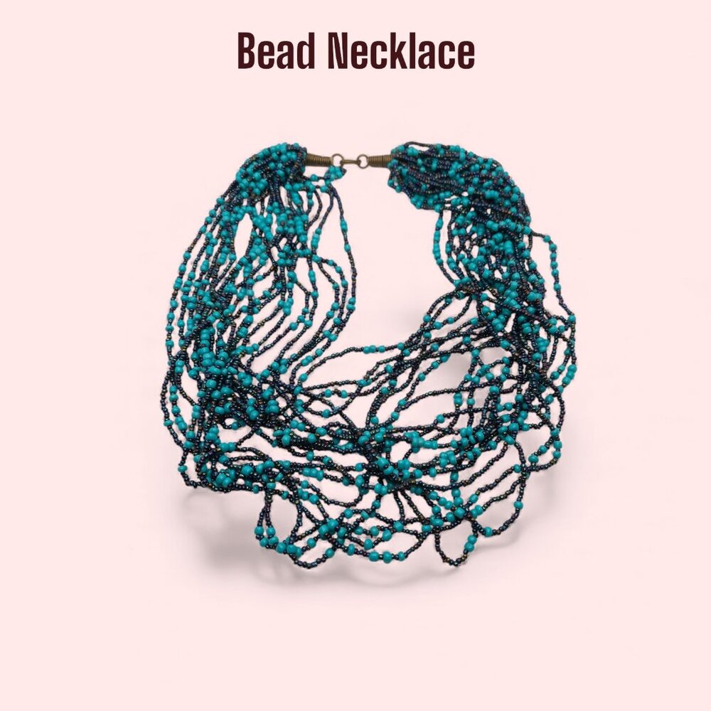 Multi Strand Turquoise Navy Blue Bead Necklace Iridescent 19”